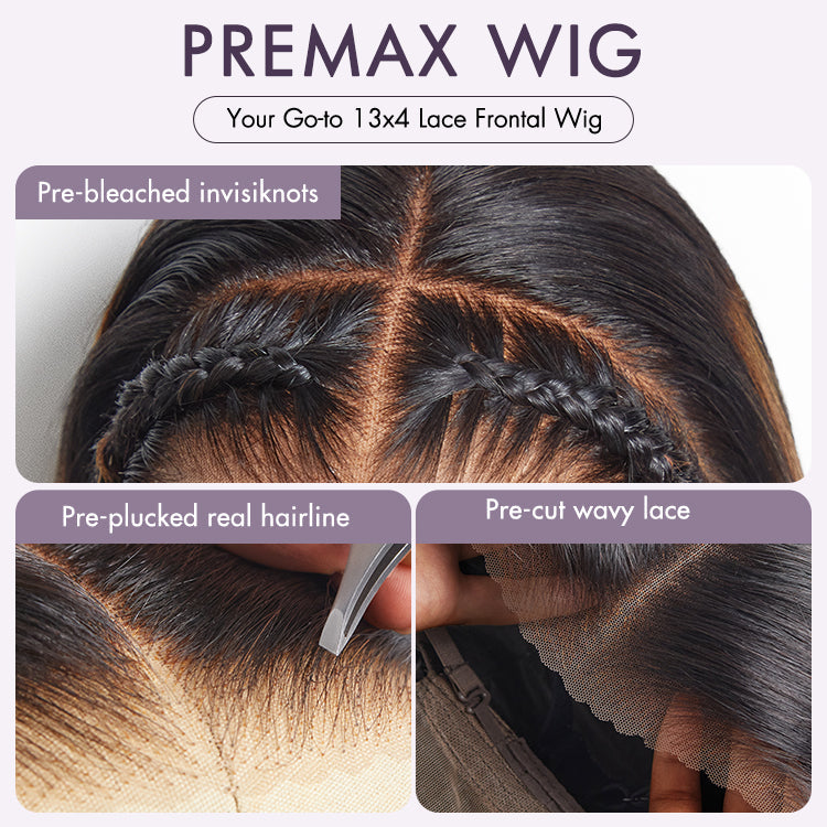 PreMax Wigs | Natural Looking Brown Highlight Silky Blunt Cut Bob Glueless 13x4 Frontal Pre-Cut Lace Wig