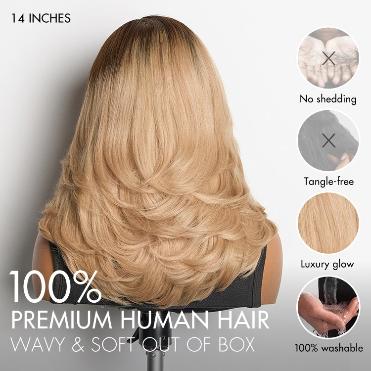 Ombre Blonde Blow Out Layered Cut Wavy Glueless HD Minimalist Lace Wig