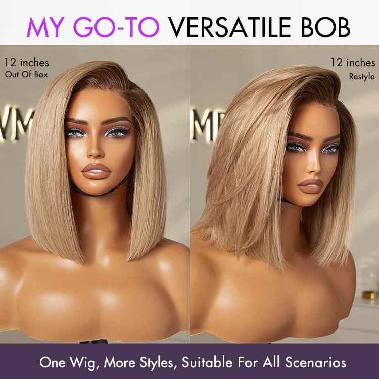 Ash Blonde Ombre Blunt Cut Bob Glueless Minimalist HD Lace Short Bob Wig Ready to Go Pre-Cut Lace