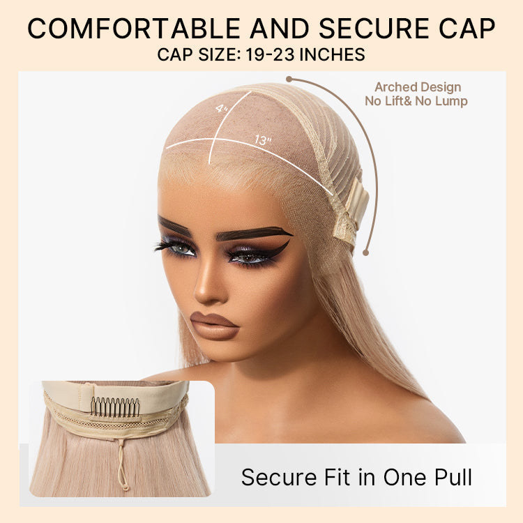 NatureMAX™ 180% Density Ash Blonde Silky Straight Glueless Ear-to-ear 13x4 HD Lace Front Wig Pre-Cut Lace Flexi-Fit Drawstring Cap