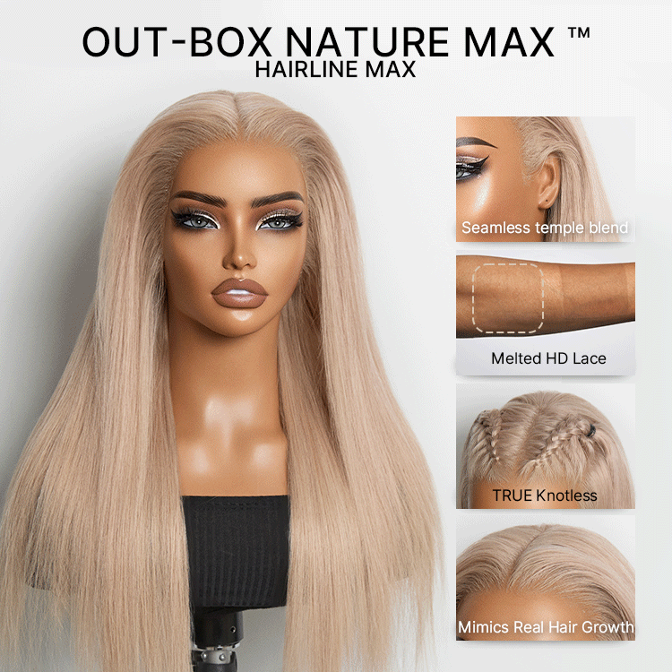 NatureMAX™ 180% Density Ash Blonde Silky Straight Glueless Ear-to-ear 13x4 HD Lace Front Wig Pre-Cut Lace Flexi-Fit Drawstring Cap