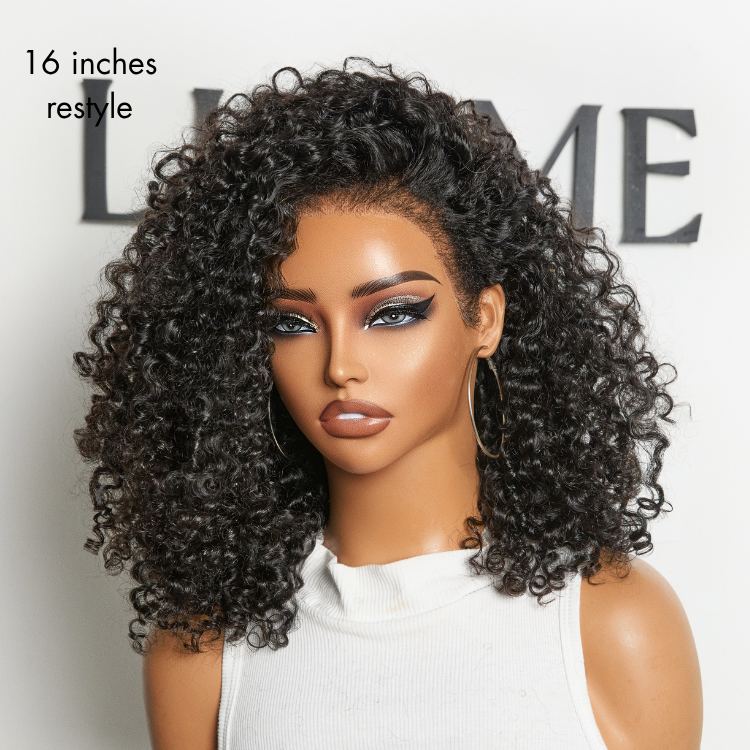 180% Density 4C Kinky Edges Jet Black Burmese Curly Glueless Ear-to-ear Wide T Pre-Cut Lace Front Wig Flexi-Fit Drawstring Cap