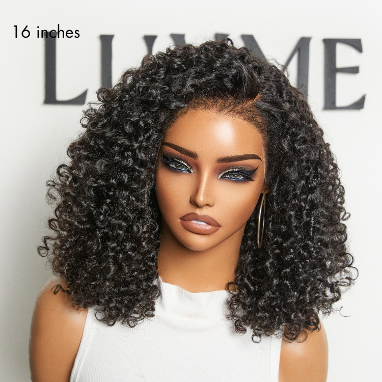 180% Density 4C Kinky Edges Jet Black Burmese Curly Glueless Ear-to-ear Wide T Pre-Cut Lace Front Wig Flexi-Fit Drawstring Cap