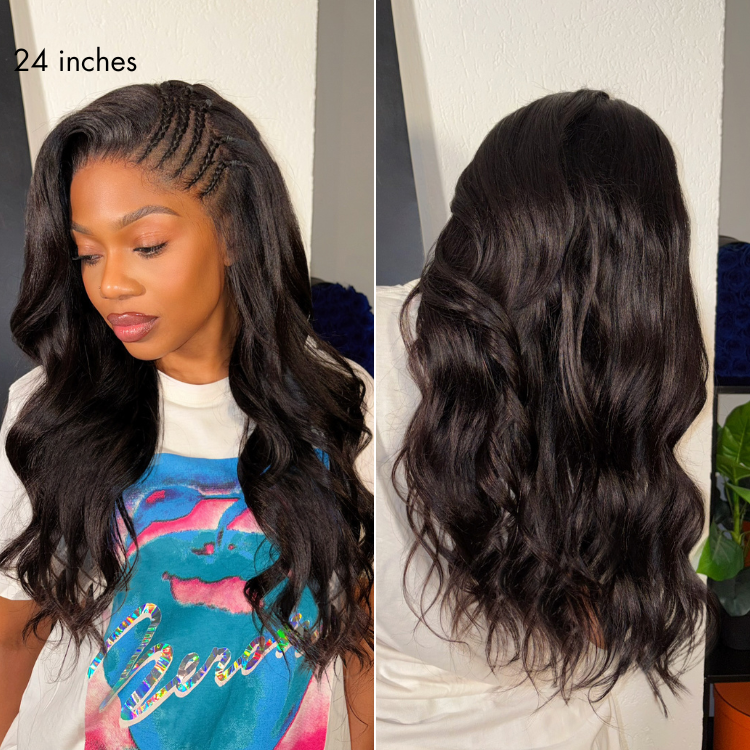 Readitress™ Side Braided Yaki Body Wave Glueless Ear-to-ear 13x6 Frontal HD Lace Wig Human Hair Flexi-Fit Drawstring Cap