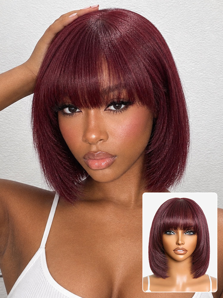 Reddish Purple Realistic Glueless Yaki Straight Bob with Bangs Minimalist Lace Bob Wig All-Day Comfort Cap